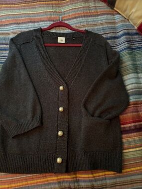 CAbi Dark Charcoal Pearl-Button V-Neck Cardigan